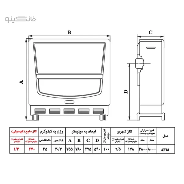 بخاری گازی نیک کالا 18000 آفتاب مدل AF18