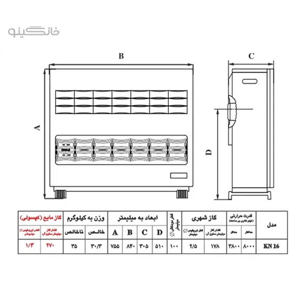 بخاری گازی نیک کالا 16000 کیوان مدل KN16